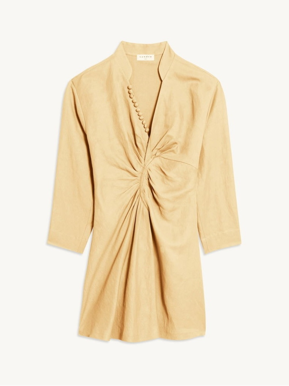 Sandro Yellow Linen Mini Dress with Long Sleeves and Twist Front - Picture 6 of 6